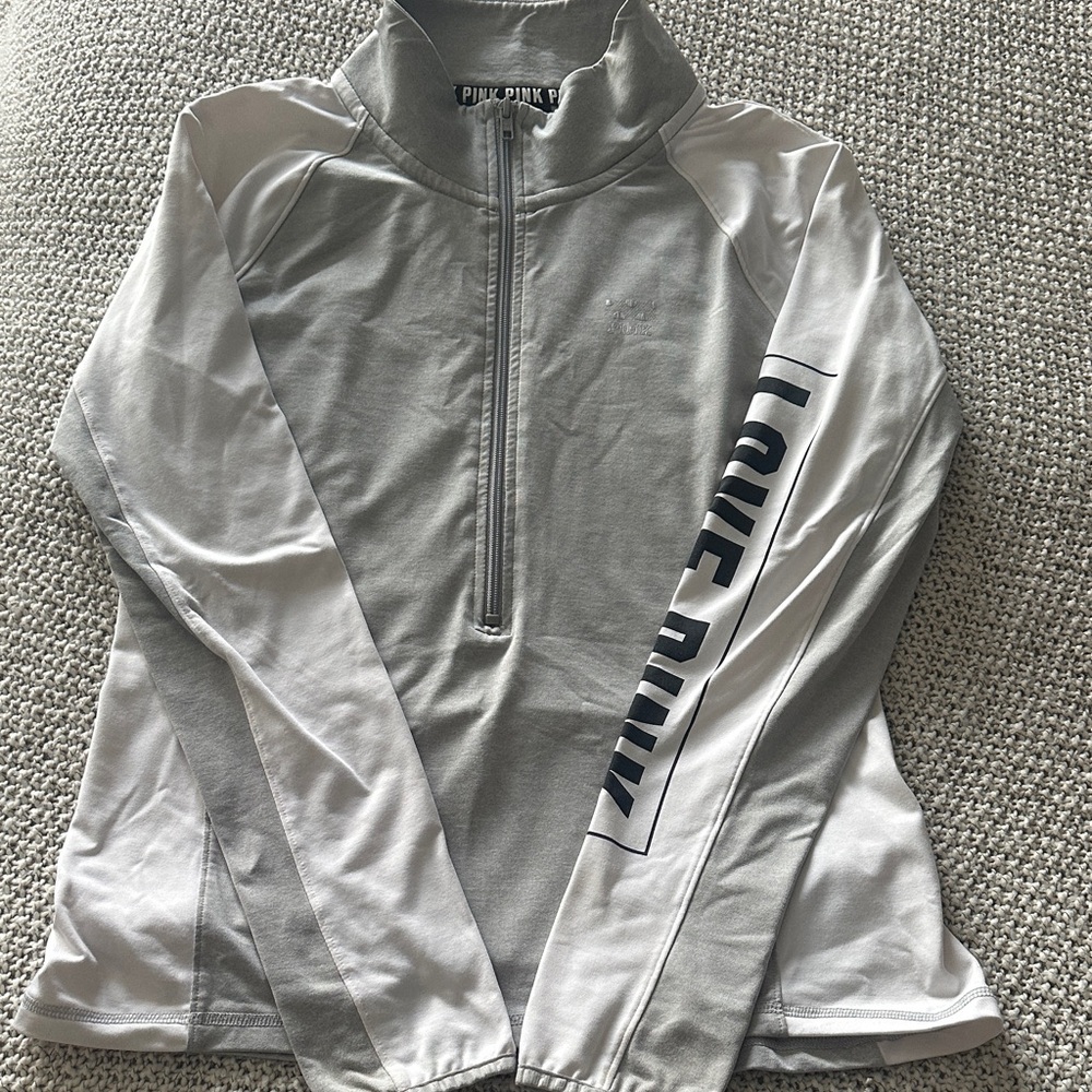 PINK Victoria's Secret Gray and White Pullover with Logo Sleeve